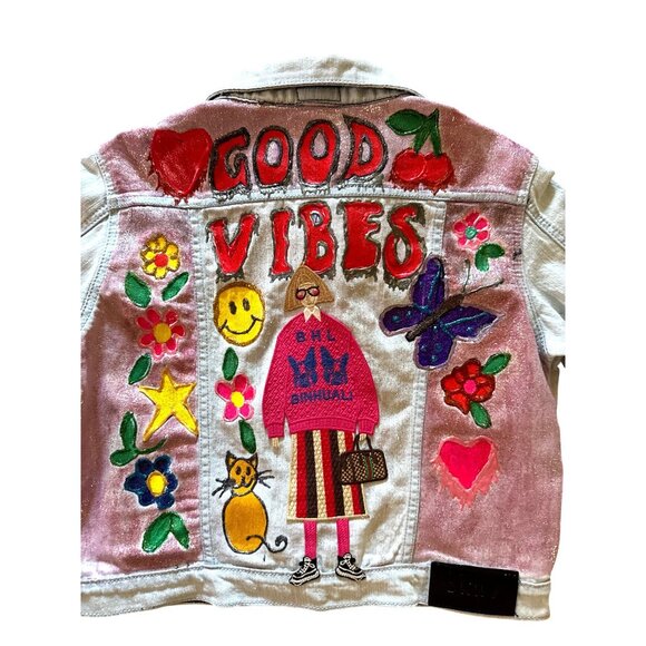 Hand painted  Good vibes acid fashion doll appliqué girls denim jacket 12-14 XL - Picture 6 of 14